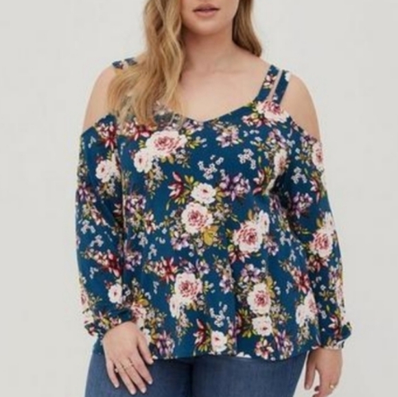 Torrid V-Neck Cut-Out Cold Shoulder Floral Top 3XL Navy - Picture 3 of 12